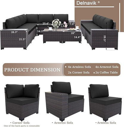 12PCS Patio Furniture Set Sofa Wicker Sectional Sofa Set, Outdoor Furniture Rattan Patio Conversation Set with Cushions and Glass Coffee Table, Black - LeafyLoom