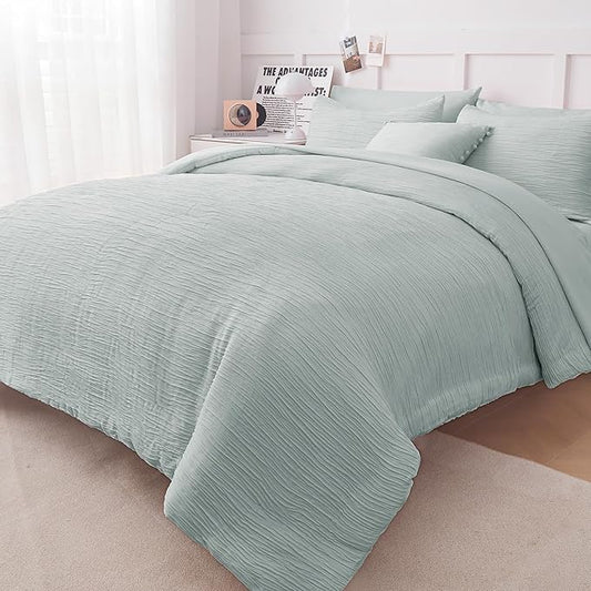 8 Piece Woven Texture King Size Comforter Set Green, Bed in A Bag Bedding King with Comforter and Sheets, Soft Lightweight Comforter Set with Deocor Throw Pillow, Sage Green - LeafyLoom