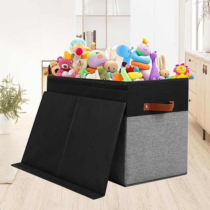 Large Toy Storage Box with Lid, Sturdy Toys Storage Chest Bin Organizer Basket with Dividers for Kids, Boys, Girls, Nursery, Closet, Bedroom, Playroom 25"x13" x16" (Black and Grey) - LeafyLoom