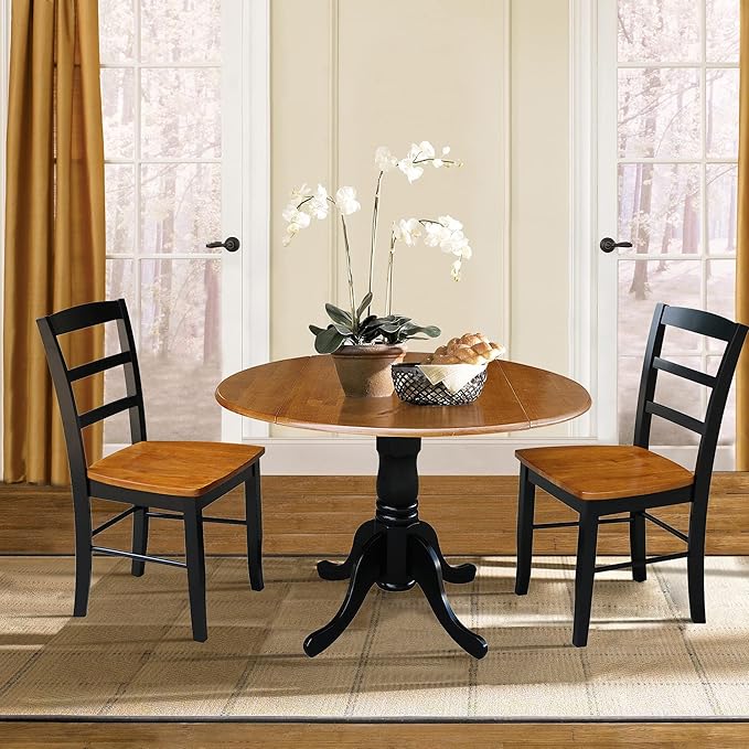 IC International Concepts 3-Piece Dining Set - 42-Inch Dual Drop Leaf Pedestal Table with 2 Madrid Chairs, Perfect for Small Spaces and Kitchens - Black and Cherry Finish - LeafyLoom