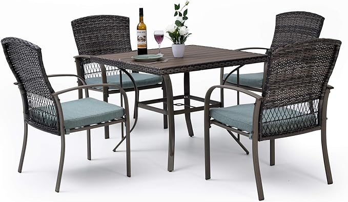 Pamapic 5 Piece Patio Dining Set, Green, Weather Resistant PE Rattan Table and Chairs, Comfortable Cushions, Easy Maintenance - LeafyLoom