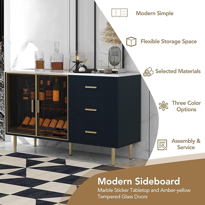 Modern Sideboard MDF with Marble Sticker Tabletop and Amber-Yellow Tempered Glass Doors,Freestanding Buffet Storage Cabinet,W/Gold Metal Legs & Handles,for Dining Room,Kitchen,Navy Blue, 60" - LeafyLoom