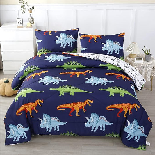 RYNGHIPY Cartoon Dinosaur Comforter Set, Dark Blue Dinosaur Kids Bedding Set for Boys, Dinosaurs Print Comforter Sets for Kids/Toddlers/Teens (Dinosaur,Queen) - LeafyLoom