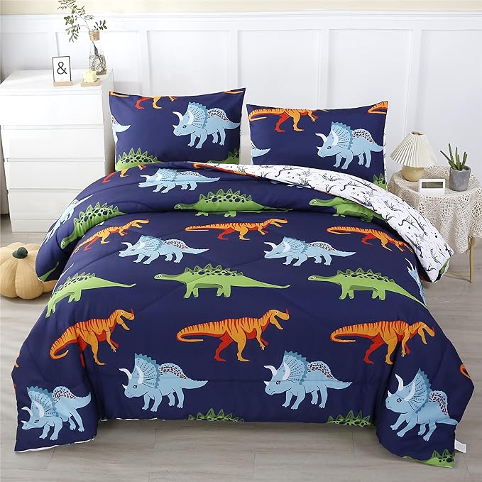 RYNGHIPY Cartoon Dinosaur Comforter Set, Dark Blue Dinosaur Kids Bedding Set for Boys, Dinosaurs Print Comforter Sets for Kids/Toddlers/Teens (Dinosaur,Twin) - LeafyLoom