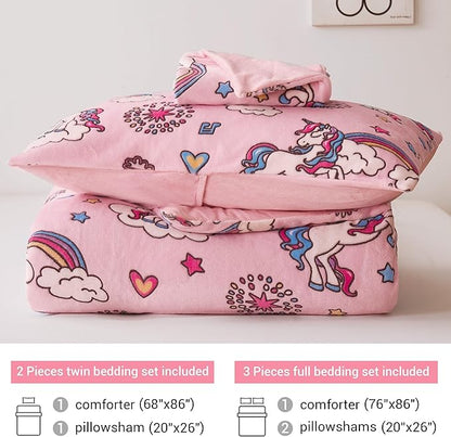 Mooreeke Glow in The Dark Full Plush Fleece Comforter Bed Set, Soft & Warm 3 Piece Bed in A Bag with Sham, Velour Velvet Pink Unicorn Girls Kids Bedding Set, Fluffy Fuzzy Polar Cozy and Stylish - LeafyLoom