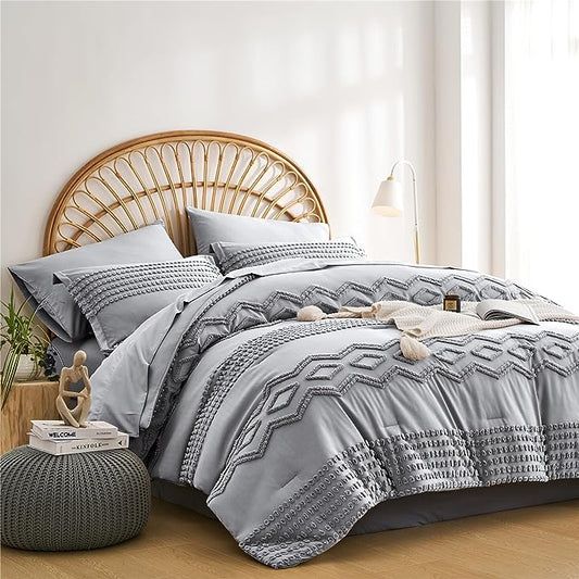 KAKIJUMN Grey Tufted Comforter Set King Size 7 Piece Bed in a Bag, Shabby Chic Boho Comforter and Sheet Set, Pom Pom Textured Bed Set, All Season Soft Microfiber Complete Bedding Set(Grey,King) - LeafyLoom