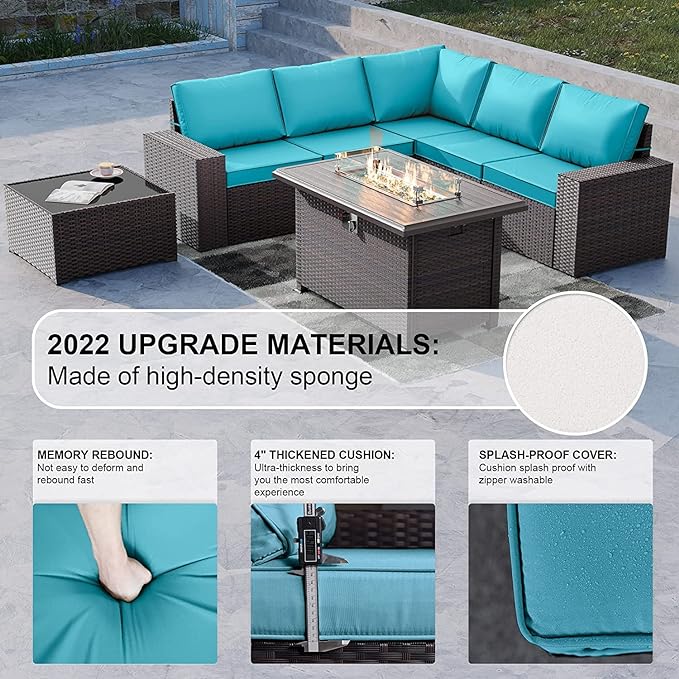 Kullavik 7 Pieces Outdoor Patio Furniture Set with 43" 55000BTU Gas Propane Fire Pit Table PE Wicker Rattan Sectional Sofa Patio Conversation Sets,Green Blue - LeafyLoom