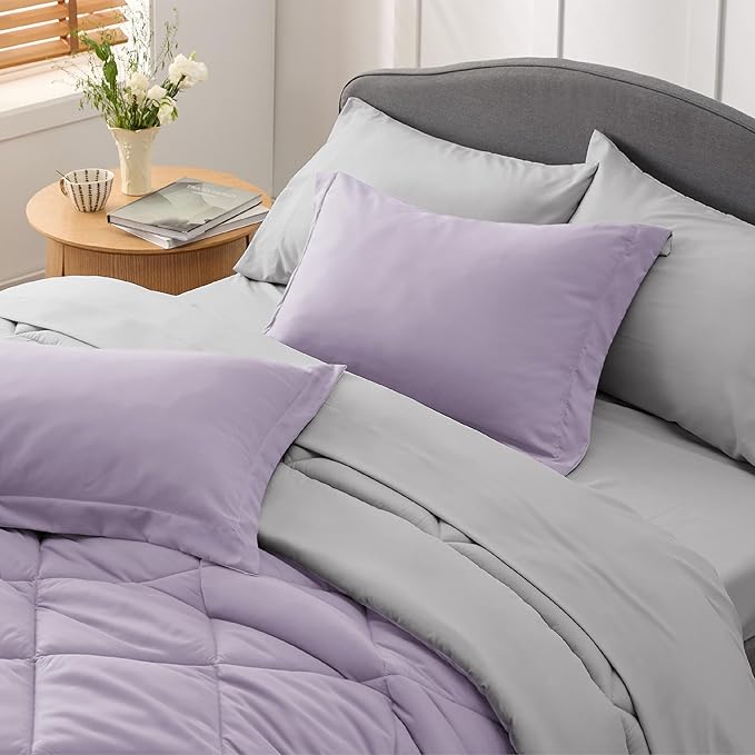 Bedsure Light Purple Twin Comforter Set - 5 Pieces Reversible Twin Bed in a Bag, Extra Long Twin Bed Set Light Purple and Grey with Comforters, Sheets, Pillowcase & Sham - LeafyLoom