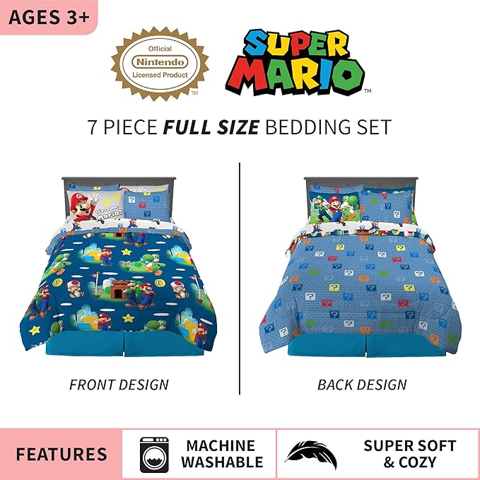 Franco Kids Bedding Super Soft Comforter and Sheet Set with Sham, 7 Piece Full Size, Mario - LeafyLoom