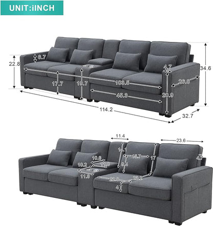 114.2" Linen Upholstered Sofa with Consoleand 2 USB Ports Wired or Wirelessly Charged,Modern 4-Seat Couches W/ 4 Pillows and Two Cupholders,for Living Room,Apartment,Dark Grey - LeafyLoom