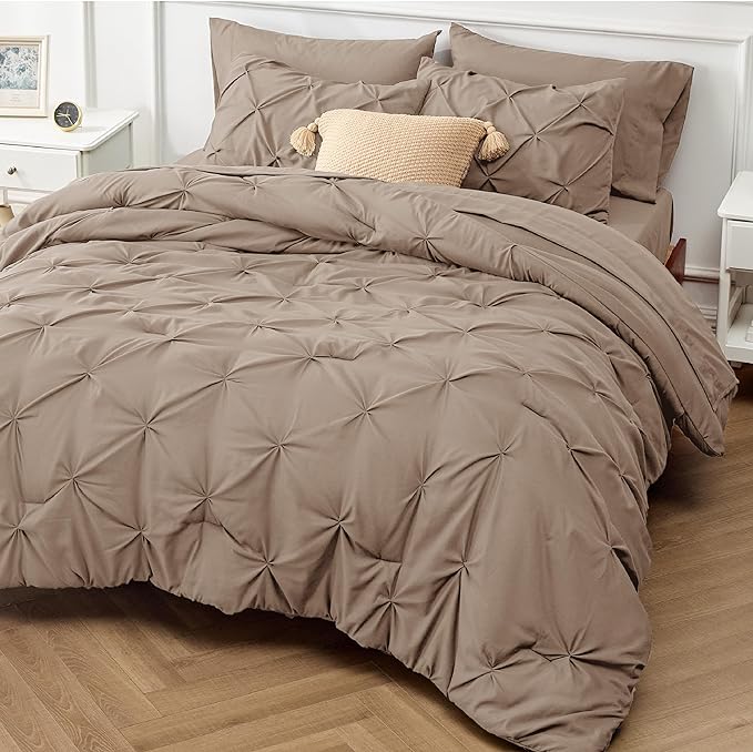 Bedsure California King Comforter Set Khaki - Cal King Bed Set 7 Pieces, Pinch Pleat Cali King Bedding Set with Comforter, Sheets, Pillowcases & Shams - LeafyLoom