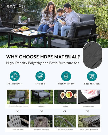 SERWALL HDPE Patio Coversation Set, 7-piece Outdoor Sectional Sofa Set, All Weather Patio Couch Set Patio Furniture for Balcony, Deck, Black Frame with Grey Cushion - LeafyLoom