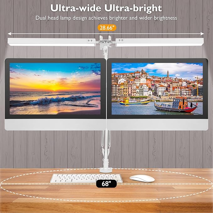 LED Desk Lamp with Clamp, Super Bright Double Head Desk Lamps for Home Office, 5 Color Modes, 10%~100% Dimmable Brightness, Architect Task Desk Light, Modern Swing Arm Workbench Desk Lighting - LeafyLoom