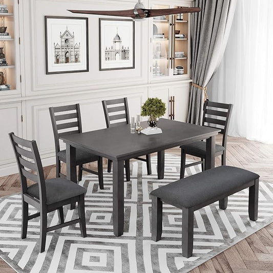 Farmhouse Rustic 6-Piece Dining Room Sets, includes 1 Table, 4 Upholstered Side Chairs and 1 Bench, Gray, 60" L x 36" W x 30.3" H - LeafyLoom