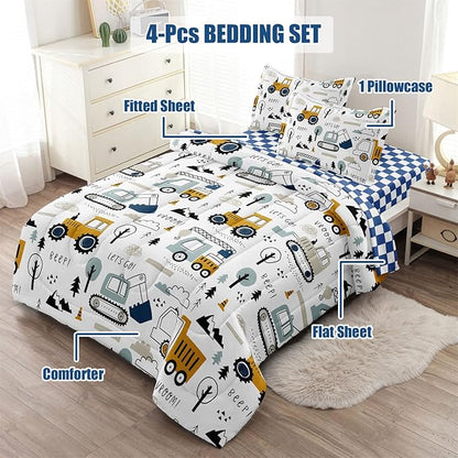 4-Pcs Construction Twin Size Boys Bedding Set, Kids Comforter Set for Teens w/Sheets and Pillowcase, Soft Cartoon Tractor Cars Bed in a Bag Sets - LeafyLoom