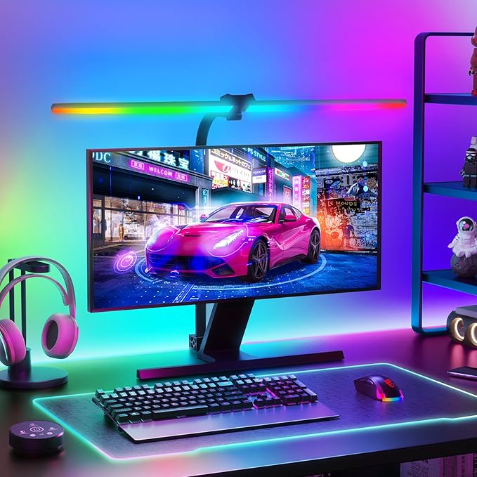 Brightown LED Desk Lamp with Clamp for Home Office, Double Head Color Changing Desk Lights with Remote, 24W Ultra Bright Multicolor Table Lamp with Rotatable Swing Arms for Gaming Computer, RGB Mode - LeafyLoom