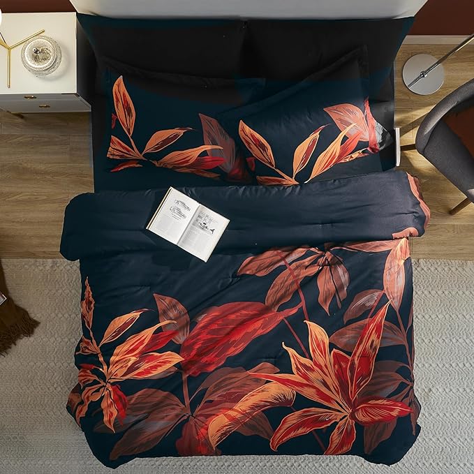 WRENSONGE King Size Comforter Set, 7 Pieces Black Red Floral Comforter Set with Sheets for King Size Bed, Red Leaf Pattern King Bedding Set, Soft Breathable Bed in a Bag King for All Seasons - LeafyLoom