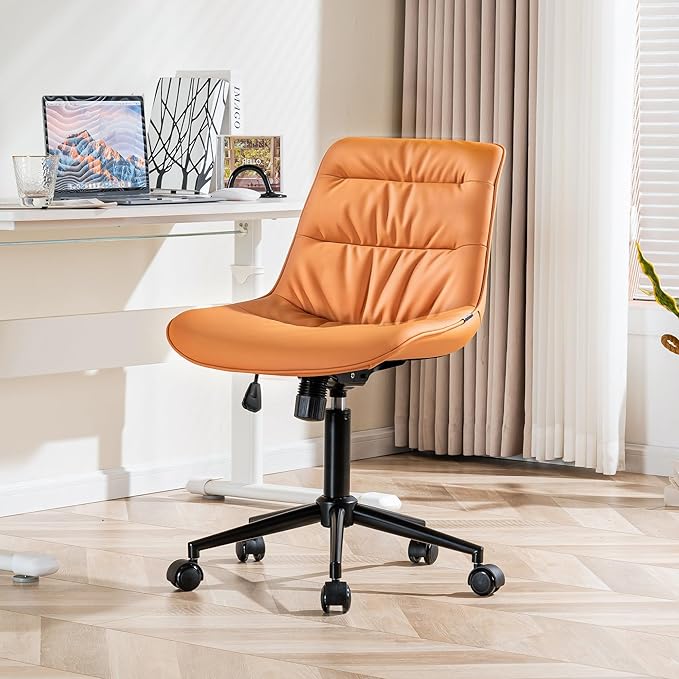 Kidol & Shellder Armless Office Chair Desk Chair Comfy Makeup Vanity Chair with Back Ergonomic Swivel Chair Home Office Desk Chairs with Wheels Computer Chair Bedroom Accent Chair(Matte Orange) - LeafyLoom