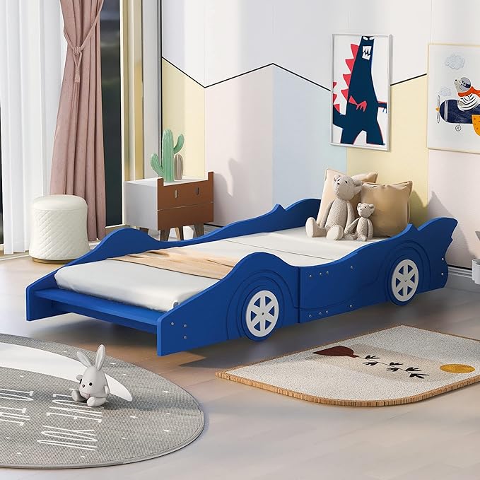 Car Shaped Toddler Bed with Wheels,Racecar Platform Beds W/Safety Guardrail,Slats Support,Stylish Design,Easy Assembly,Wood Twin Bedframe for Boys Toddlers Kids Teens Bedroom,Blue - LeafyLoom