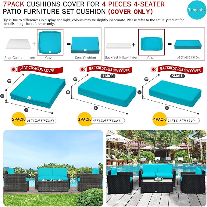 ClawsCover 7Pack Outdoor Seat and Back Cushions Replacement Covers Fits for 4-Seater 4Pieces Wicker Rattan Patio Conversation Set Sectional Couch Chair Furniture,Turquoise-Include Cover Only - LeafyLoom