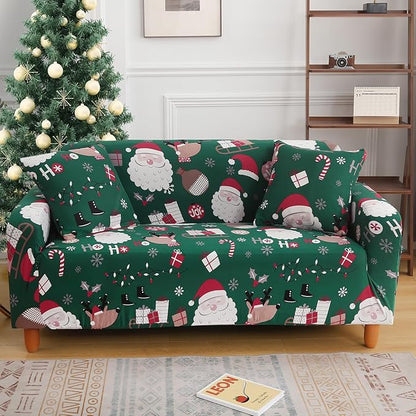 Mybedsoul Christmas Sofa Cover Santa Claus Printed Sofa Couch Cover Washable Furniture Protector with Elastic Bottom Xmas Home Room Festival Decoration(2 Seater/Loveseat) Mybedsoul