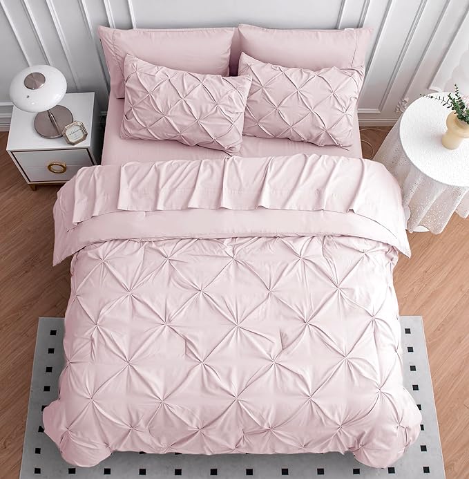 LANE LINEN Pink Comforter Set Queen Size with Sheets, Pillowcases & Shams, Pintuck Bedding Queen Size, Soft Queen Size Bed in a Bag Set, Pinch Pleated Queen Bed Comforter Set, Queen Bed Set for Girls - LeafyLoom