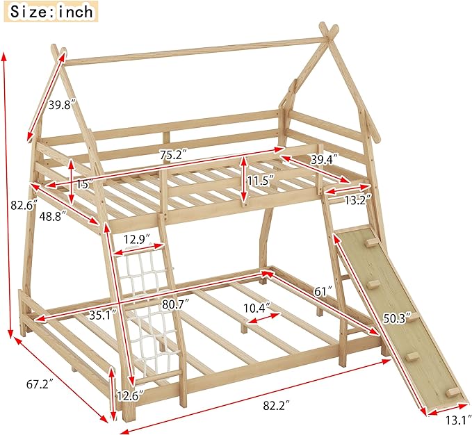 Twin Over Queen House Shape Bunk Bed, Wooden Bunk Beds House Bed with Climb Nets and Climbing Ramp for Kids Boys Girls Bedroom, No Box Spring Needed, Natural - LeafyLoom