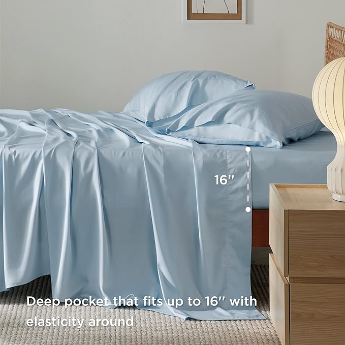 Bedsure Full Size Sheets, Cooling Sheets Full, Rayon Derived from Bamboo, Deep Pocket Up to 16", Breathable & Soft Bed Sheets, Hotel Luxury Silky Bedding Sheets & Pillowcases, Teal Blue - LeafyLoom