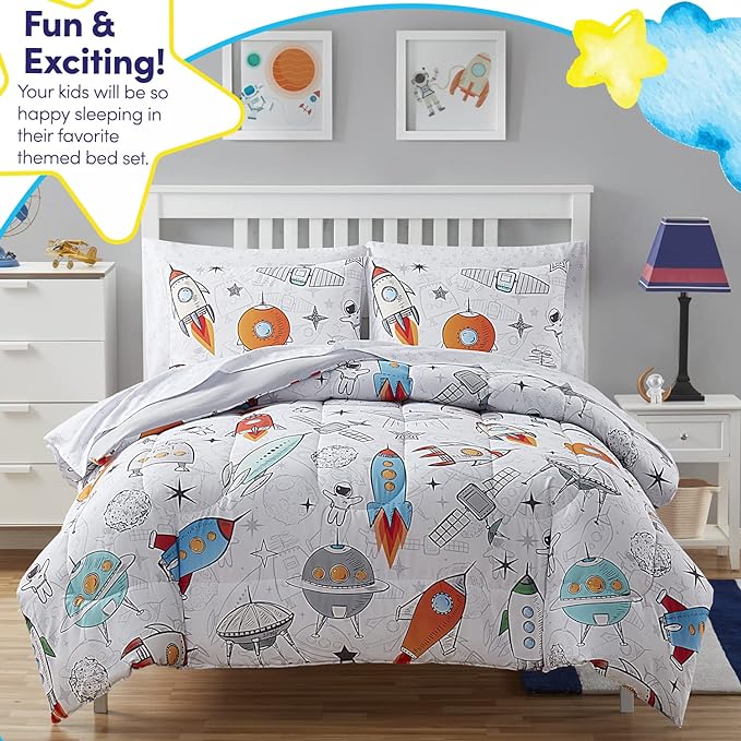 Kids Bedding Set Bed in a Bag for Boys and Girls Toddlers Printed Sheet Set and Comforter , Full, Floating in Space - LeafyLoom