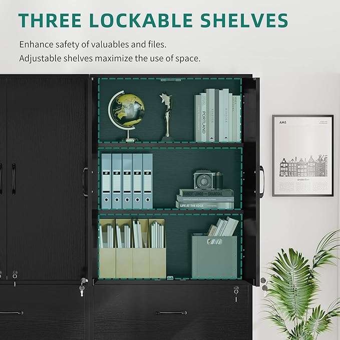 YITAHOME Wood File Cabinets, Heavy Duty Garage Tool Cabinets with Doors & Adjustable Shelves, Big Storage Filing Lockers for Home Office, Living Room, Pantry, Gym, Basement, Warehouse, Black - LeafyLoom