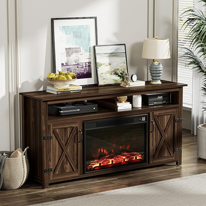 YESHOMY Fireplace TV Stand for Television up to 65+ Inch with Storage and Farmhouse Barn Doors, Entertainment Center with Cabinet and Shelves, Media Console for Living Room, Walnut - LeafyLoom