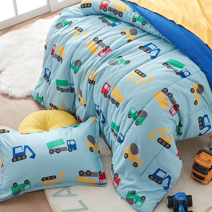 SLEEP ZONE Kids Twin Bedding Comforter Set - Super Cute & Soft Kids Bedding 5 Pieces Set with Comforter, Sheet, Pillowcase & Sham (Construction Truck) - LeafyLoom