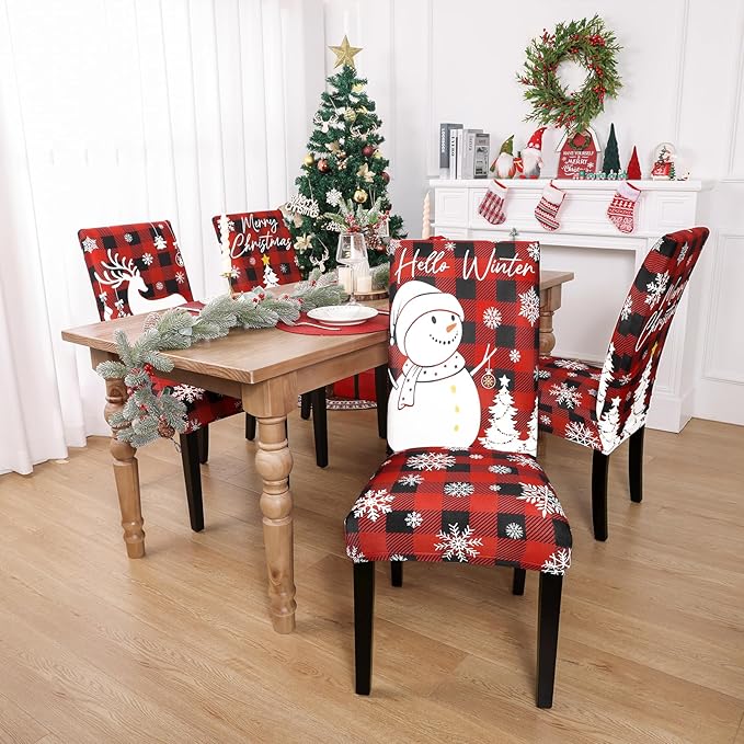 U'Artlines Christmas Chair Covers Set of 6, Removable Washable Merry Christmas Dining Chair Seat Covers Stretch Protector Slipcovers for Dining Room Kitchen Holiday Party Decor, Red Buffalo Plaid UArtlines