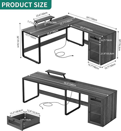 YITAHOME L Shaped Desk with Power Outlets & LED Lights, Reversible Computer Desk with Drawer & File Cabinet, Corner Office Desk with Monitor Stand, L-Shaped Gaming Desk, Grey - LeafyLoom