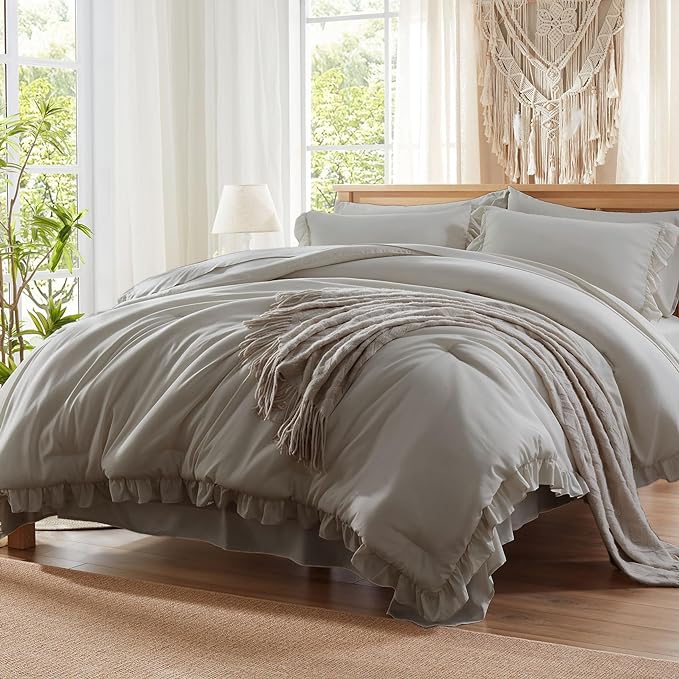 Anluoer Twin Comforter Set 5 Piece, Grey Bed in a Bag with Sheets, All Season Ruffle Shabby Chic Bedding Sets with 1 Comforter, 1 Pillow Sham, 1 Pillowcase, 1 Flat Sheet, 1 Fitted Sheet - LeafyLoom