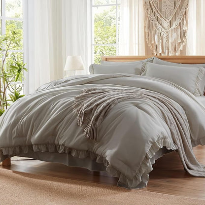 Anluoer Twin Comforter Set 5 Piece, Grey Bed in a Bag with Sheets, All Season Ruffle Shabby Chic Bedding Sets with 1 Comforter, 1 Pillow Sham, 1 Pillowcase, 1 Flat Sheet, 1 Fitted Sheet - LeafyLoom