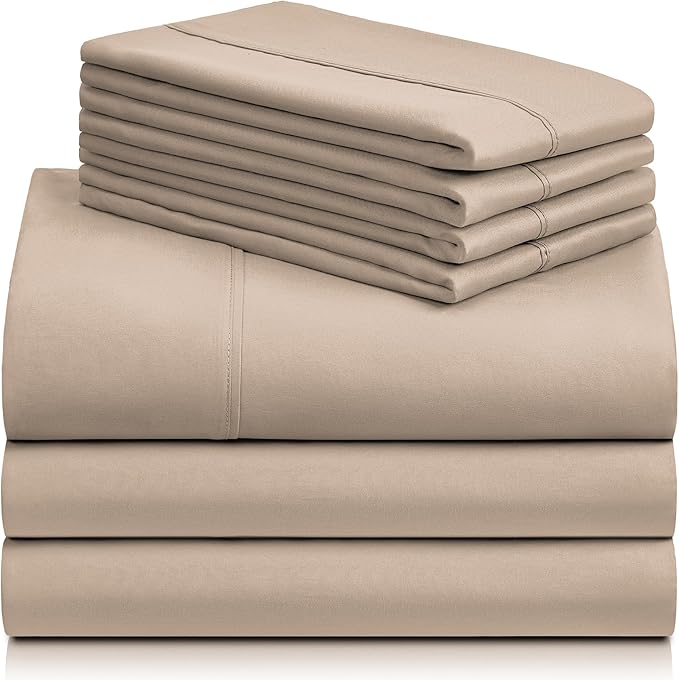 LuxClub 7 PC Split King Sheet Set, Breathable Luxury Bed Sheets, Deep Pockets 18" Eco Friendly Wrinkle Free Cooling Sheets Machine Washable Hotel Bedding Silky Soft - Light Khaki Split King - LeafyLoom