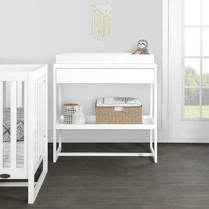 Arlo Changing Table in White, Made of Solid New Zealand Pinewood, Non-Toxic Finish, Comes with Water Resistant Mattress Pad & Safety Strap - LeafyLoom