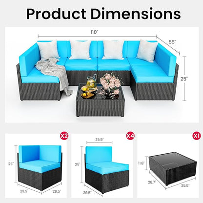 Pamapic 7-Piece Outdoor Furniture,All-Weather Wicker Modular Sectional Sofa with Patio Crystal Coffee Table, Adjustable Reclining Sectional Couch with Washable Removable Cushion Covers, Light Blue - LeafyLoom