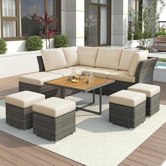 9-Pieces Outdoor Rattan Sectional Sofa Set, Wicker Patio Conversation Furniture with L-shape Couch&Storage Ottomans, Acacia Wood Coffee Table, for Garden Yard, Gray Wicker&Beige Cushion - LeafyLoom