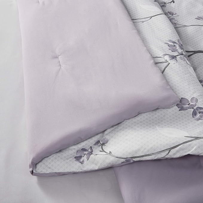 Comfort Spaces Bed in A Bag - Trendy Casual Design Cozy Comforter with Complete Sheet Set with Side Pocket, All Season Cover, Matching Shams King(104"x90"), Kate, Grey/Purple 9 Piece - LeafyLoom