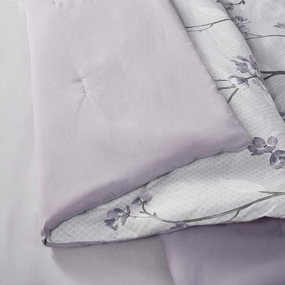 Comfort Spaces Bed in A Bag - Trendy Casual Design Cozy Comforter with Complete Sheet Set with Side Pocket, All Season Cover, Matching Shams Twin(66"x90"), Kate, Grey/Purple 6 Piece - LeafyLoom