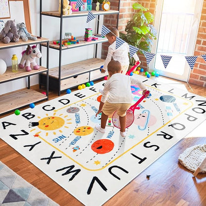 Soft ABC Kids Rug,110.2x78.7 in Washable Large Classroom Rug,Non-Slip Educational Kids Room Rug,Cute Solar System Playroom Area Rug for Classroom Playroom Bedroom Kids Room Decor - LeafyLoom