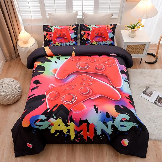 Aimuan Gaming Comforter Sets for Boys Kids Bedding Sets Video Games Console Action Buttons Novelty Colorful Game Gamepad Controller Modern Gamer Room Decor Home Quilt Set (Twin, Black) - LeafyLoom