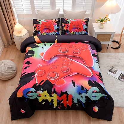 Aimuan Gaming Comforter Sets for Boys Kids Bedding Sets Video Games Console Action Buttons Novelty Colorful Game Gamepad Controller Modern Gamer Room Decor Home Quilt Set (Queen, Black) - LeafyLoom