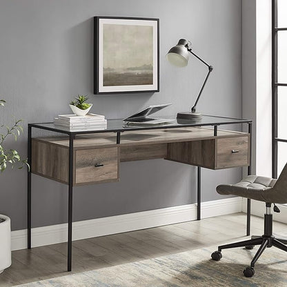 Walker Edison Writing Desk, 56, Glass Top 2 Drawer Computer, 56 Inch, Grey Wash - LeafyLoom