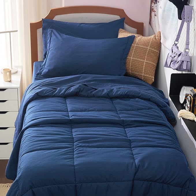 Bedsure Navy Twin XL Comforter Set - 5 Pieces Solid Twin XL Bed in a Bag for College, Twin XL Bed Set with Comforters, Sheets, Pillowcase & Sham, Extra Long Twin Comforter Set - LeafyLoom