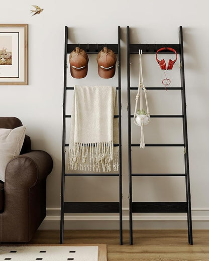 Blanket Ladder Shelf for Living Room, Decorative Wood Quilt Rack with 4 Removable Hooks, 6-Tier Farmhouse Ladder Holder Organizer for Bedroom, Black BR31504B - LeafyLoom