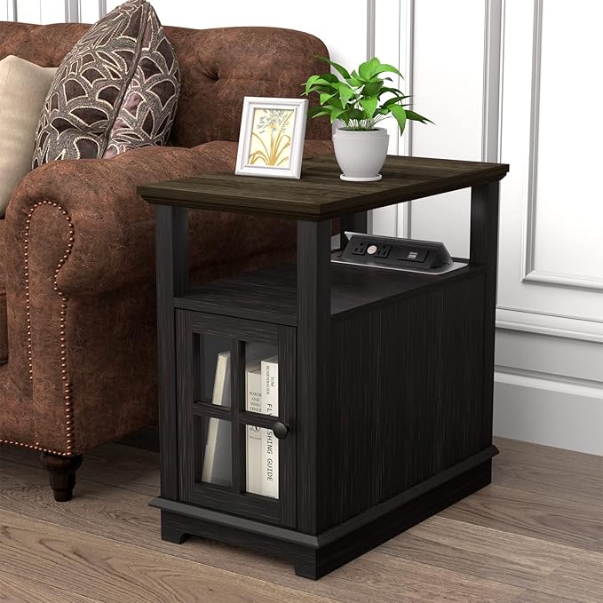 HIFYOBRO End Table with Hidden Charging Station, Narrow Side Table with Storage, Nightstand for Small Spaces with USB Ports & Power Outlets - LeafyLoom