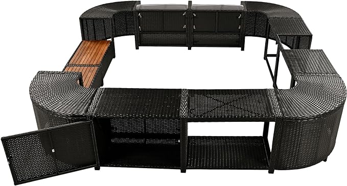 Outdoor Patio Furniture Set Spa Surround Quadrilateral Sofa with Wood Seatings, Rattan Sectional Couch w/Storage Space and Waterproof Cushions, for Yard Pool Backyard, Grey - LeafyLoom